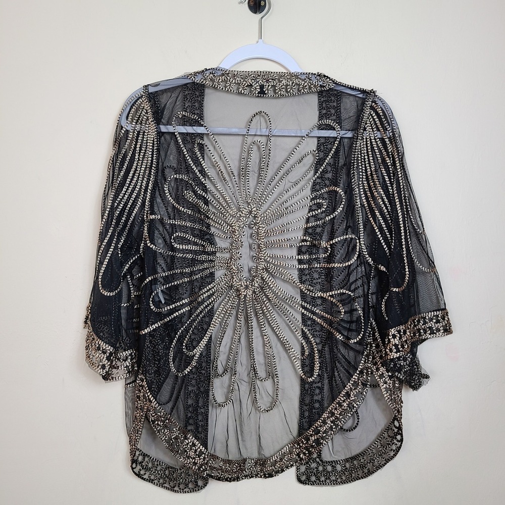 Black Gold Embroidered Sheer Womens S/M Shrug‎ Art Deco Mesh Gatsby 1920s Boho - Picture 11 of 11